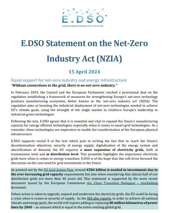 E.DSO Statement on the Net-Zero Industry Act (NZIA)