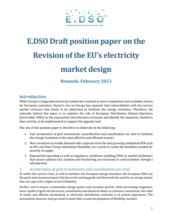 E.DSO position paper on the Revision of the EU’s electricity market design